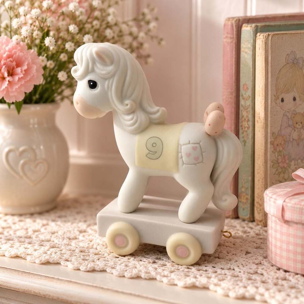 1991 Precious Moments Being Nine Is Divine 521833 Birthday Horse Pull Toy Enesco